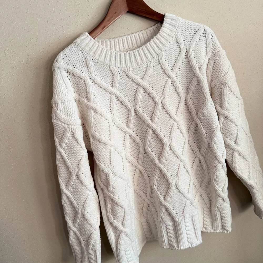 Indigo Soul Cream Cable Knit Sweater Small | Cozy Ivory Textured Pullover - Picture 2 of 8